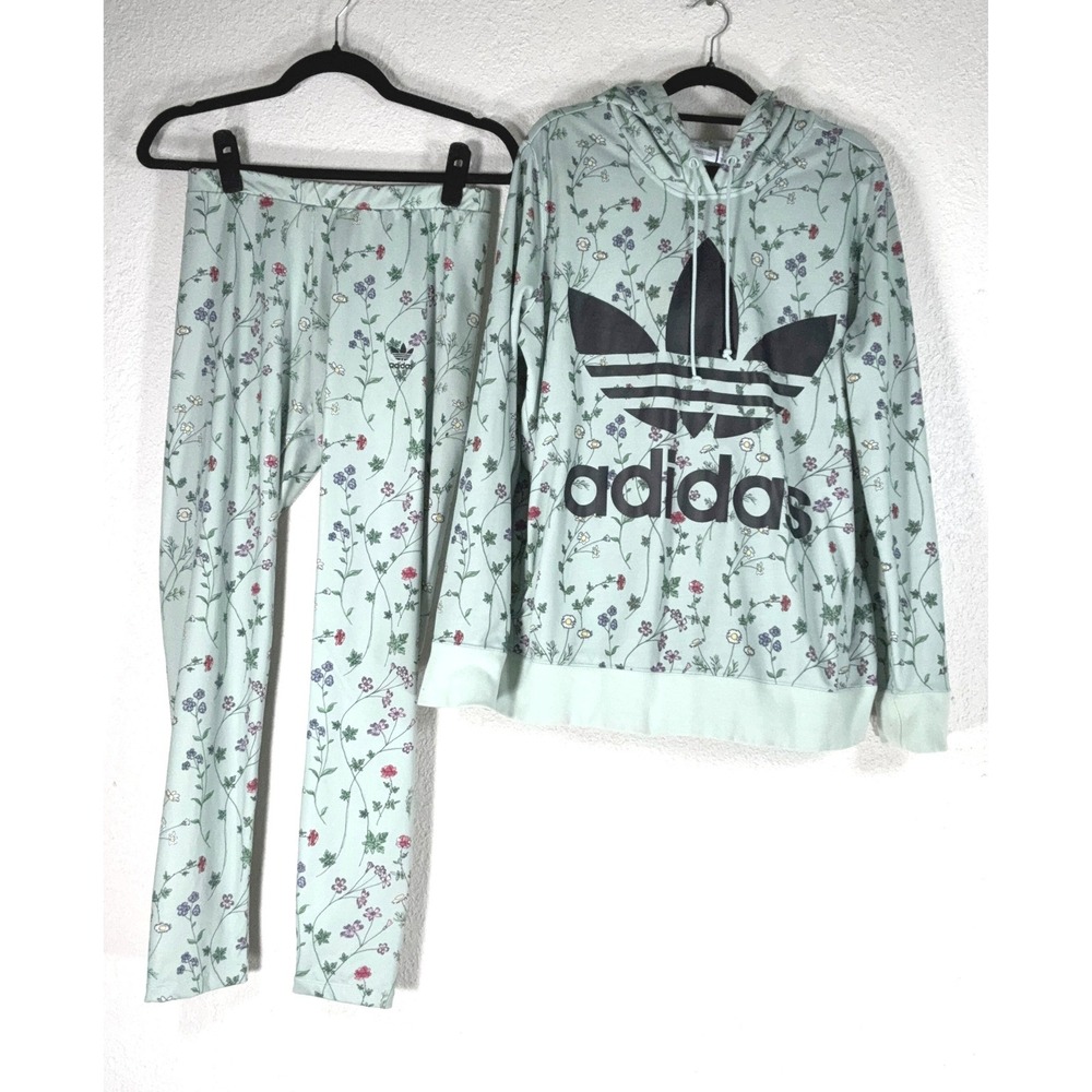 Adidas Mint Green Floral Hoodie and Leggings Set - M - Trefoil Logo Tracksuit